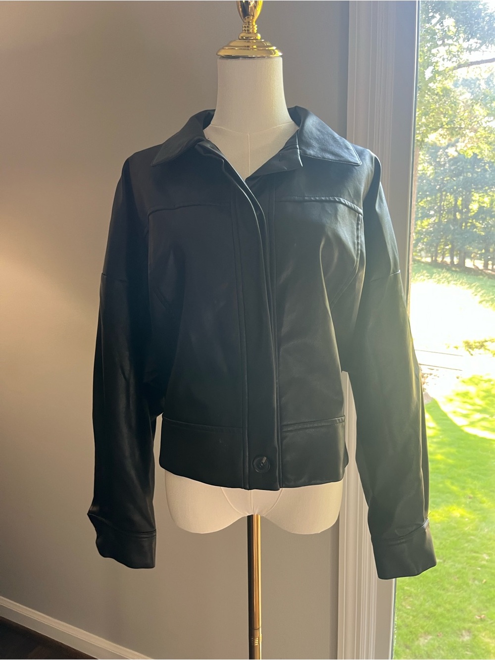 Black Faux Leather Zip-Front Jacket - Women Medium